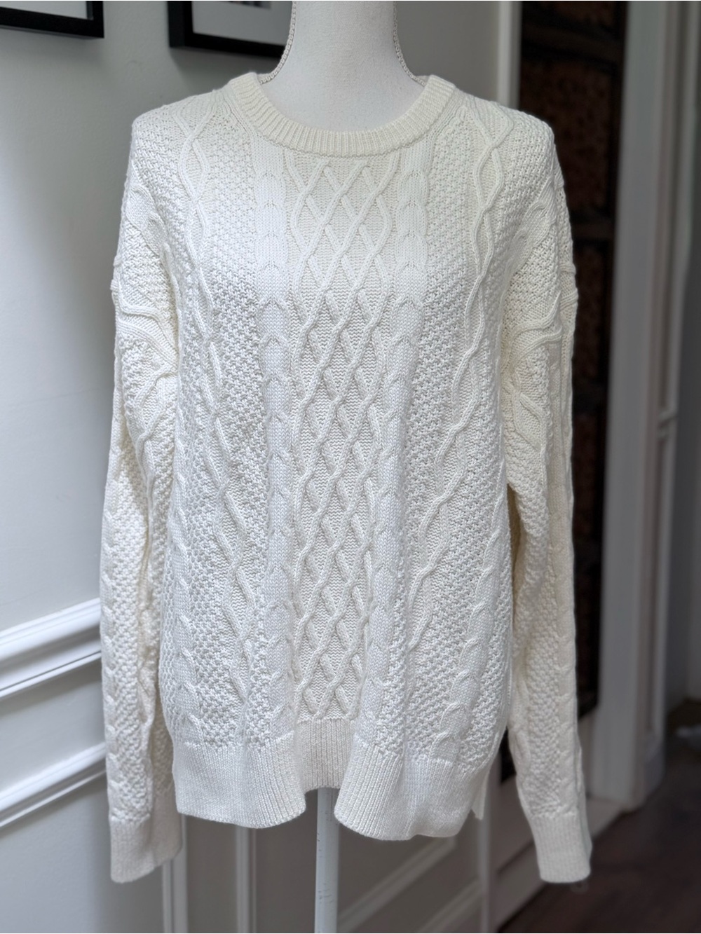 J.Crew Fisherman Cable Knit Sweater Women Sz L Ivory Cream 100% Cotton Crewneck